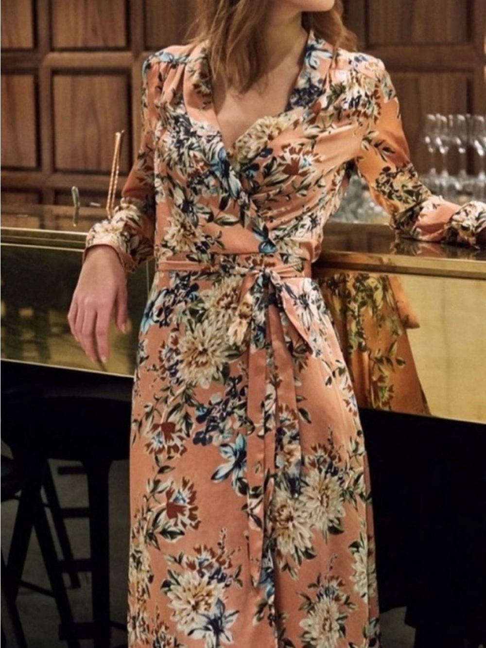 FRNCH Peach Floral Long Sleeve Wrap Maxi Dress